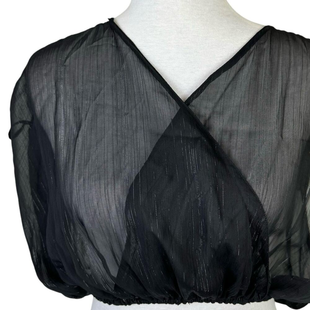 ZARA NWT Metallic Thread Black Sheer Crossover Oversized Crop Top Blouse - Picture 9 of 12